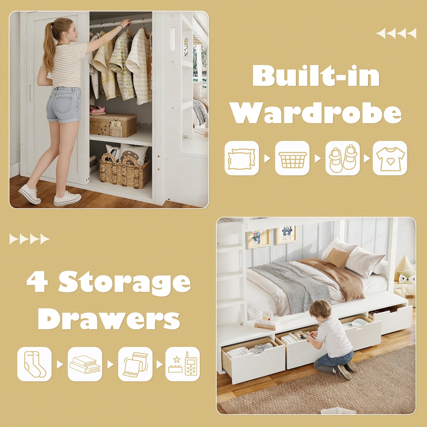 Twin over Twin Bunk Bed with 4 Storage Drawers, Solid Wood Bunk Bed with Built-in Wardrobe and Full-length Guardrails, No Box Spring Needed, Ivory image 9