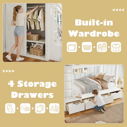 Twin over Twin Bunk Bed with 4 Storage Drawers, Solid Wood Bunk Bed with Built-in Wardrobe and Full-length Guardrails, No Box Spring Needed, Ivory image 9