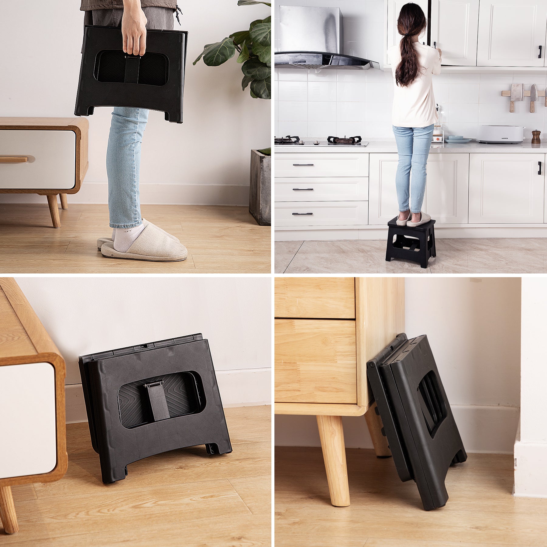 9in Folding Step Stool, Compact, Portable, Non-Slip, 300 lbs. weight capacity for adults and children. Secure non-slip top and rubber feet, great for home and camping, black color image 2