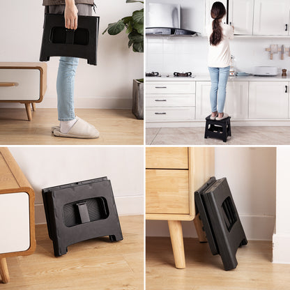 9in Folding Step Stool, Compact, Portable, Non-Slip, 300 lbs. weight capacity for adults and children. Secure non-slip top and rubber feet, great for home and camping, black color image 2