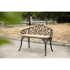Tulip Patio Garden Bench Metal Park Bench Cast Aluminum Outdoor Furniture with Floral Rose for Patio,Park,Lawn,YardBlack withe cushion