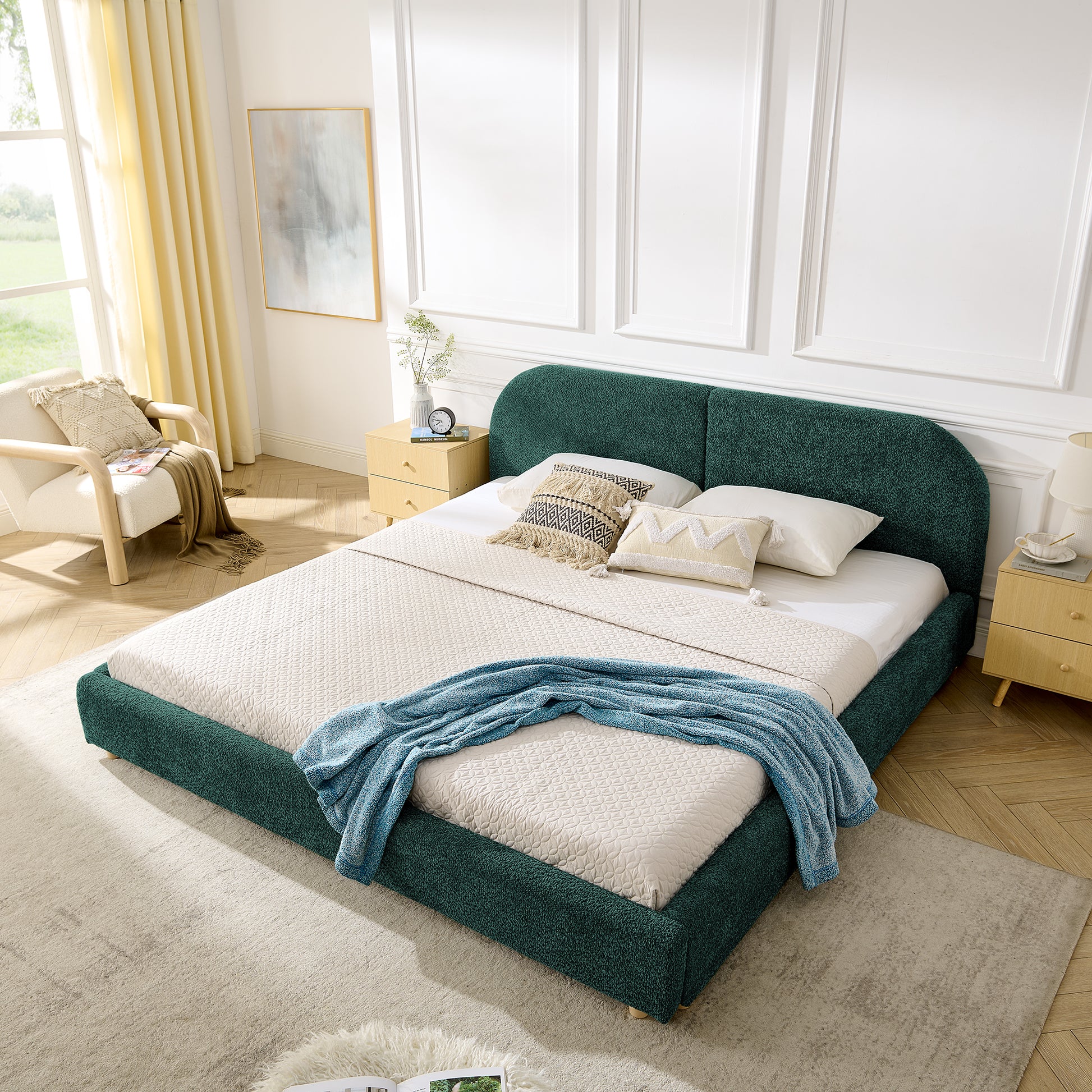 King Size Upholstered Bed Frame, Modern Minimalist Style with Tall Curved Headboard, Premium Circle Yarn Fabric & Sturdy Leg Support, Mattress Not Included-Green image 2