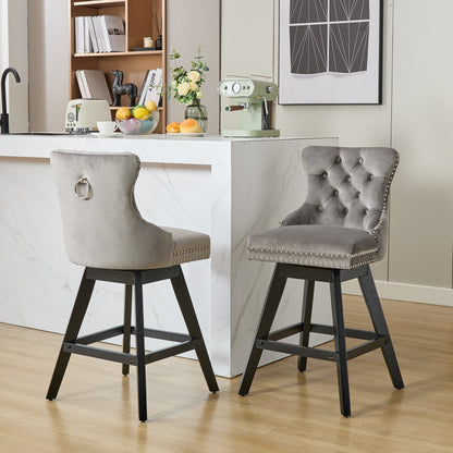 Swivel Velvet Barstools with Button Tufted Decoration and Wooden Legs, and Chrome Nailhead Trim, Leisure Style Bar Chairs,Bar stools, Set of 2 (Gray),SW1860GY image 1