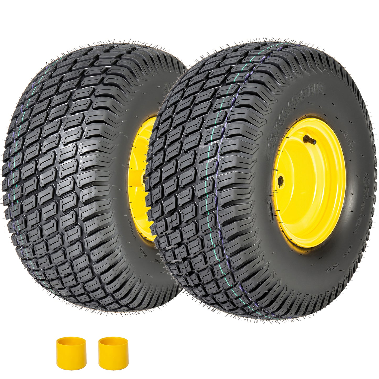 Set of 2 20x10.00-8 Lawn Mower Tires and Wheel Assembly, 4-Ply Tubeless Turf Tread Heavy Duty, 3.5" Centered Hub with 3/4" Bore and 3/16" Keyway, Yellow Steel Rim for Commercial Mowers, 1190 lbs Capac image 1