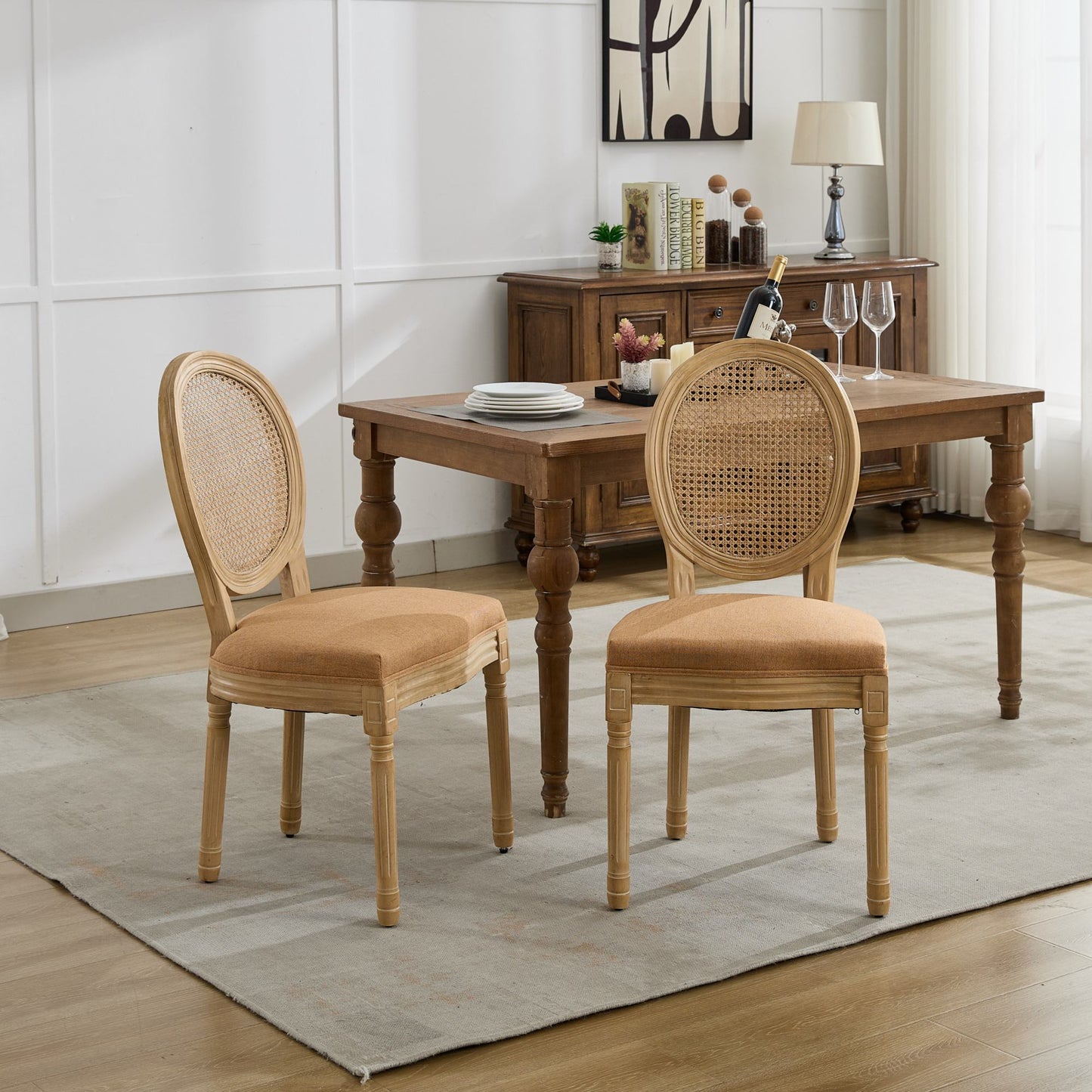 A&A Furniture,French Style Solid Wood Frame Antique Painting Linen Fabric Rattan Back Dining Chair,Set of 2,Tan image 1