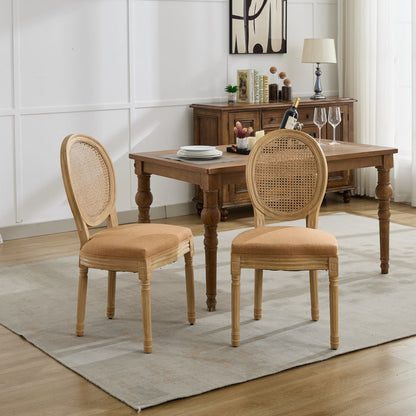 A&A Furniture,French Style Solid Wood Frame Antique Painting Linen Fabric Rattan Back Dining Chair,Set of 2,Tan image 1