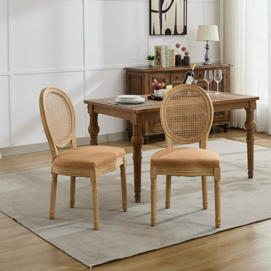 A&A Furniture,French Style Solid Wood Frame Antique Painting Linen Fabric Rattan Back Dining Chair,Set of 2,Tan image 1