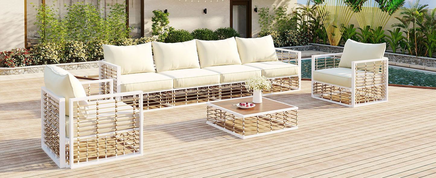 TOPMAX Modern Minimalist 7-Piece Metal Patio Sectional Sofa Set, All-Weather Garden Conversational Furniture Set with Thick Cushions and Coffee Table for Indoor Outdoor, White image 4