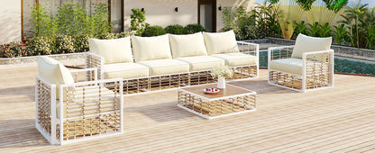 TOPMAX Modern Minimalist 7-Piece Metal Patio Sectional Sofa Set, All-Weather Garden Conversational Furniture Set with Thick Cushions and Coffee Table for Indoor Outdoor, White image 4