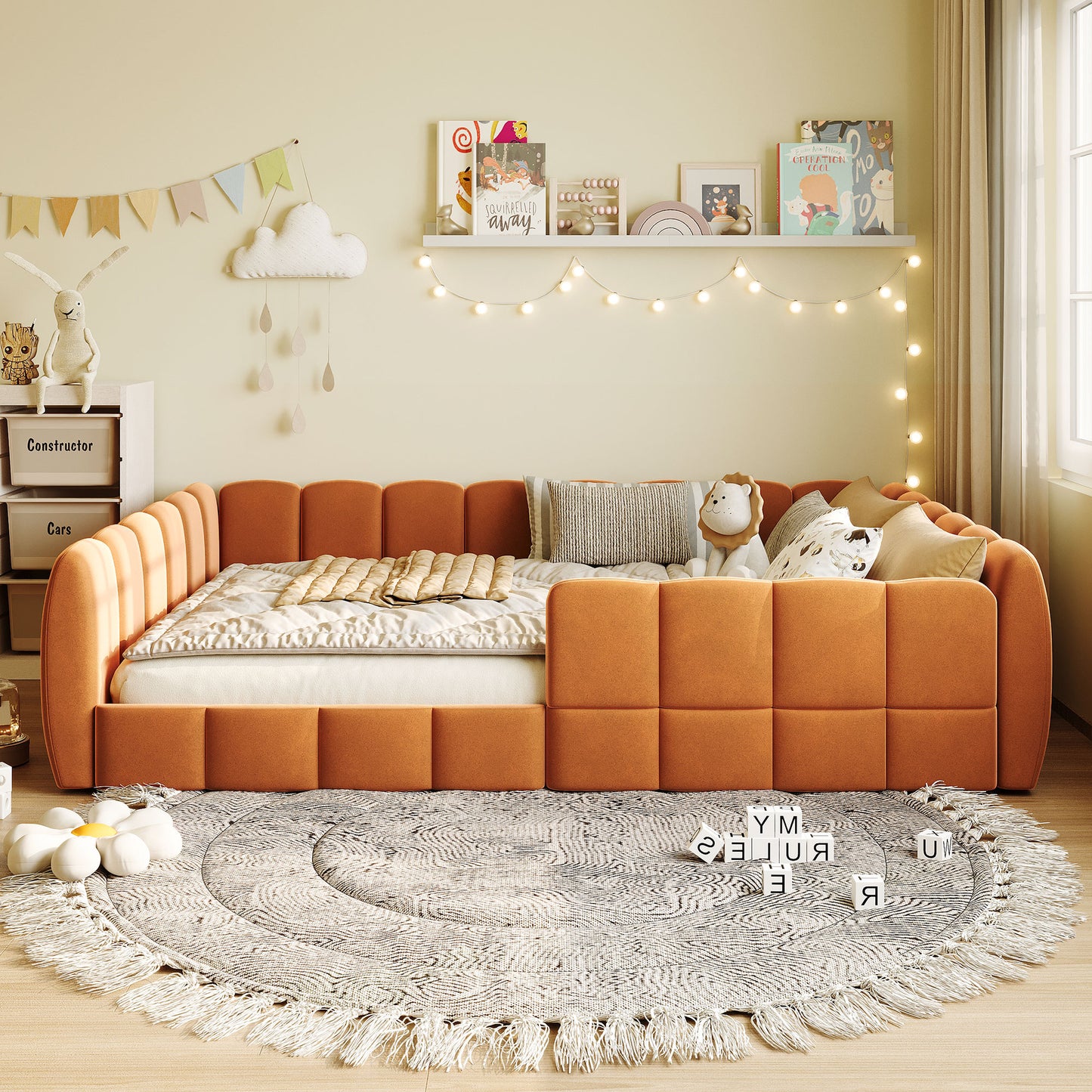 Full Size Velvet Upholstered Floor Bed, Pumpkin Orange image 2