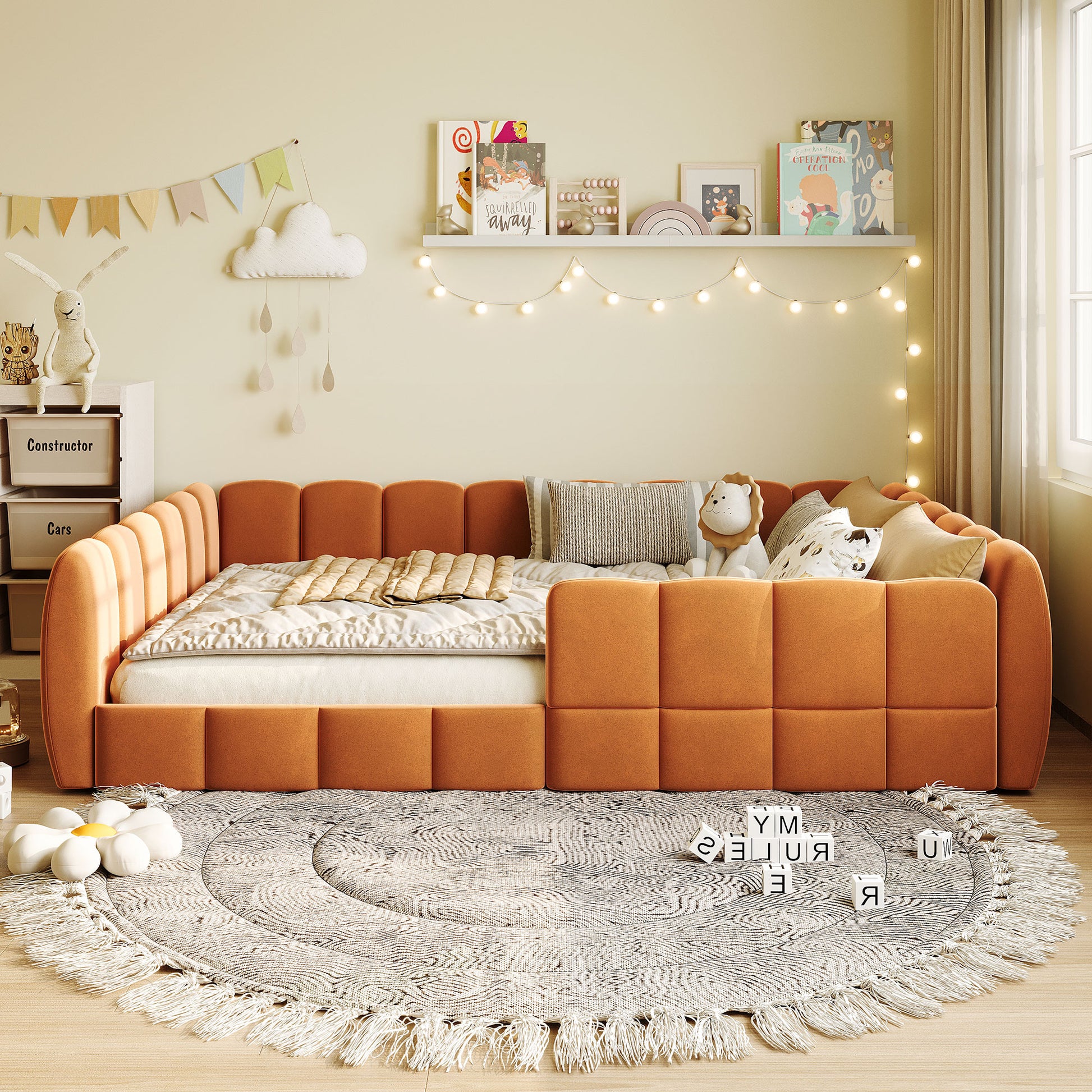 Full Size Velvet Upholstered Floor Bed, Pumpkin Orange image 2