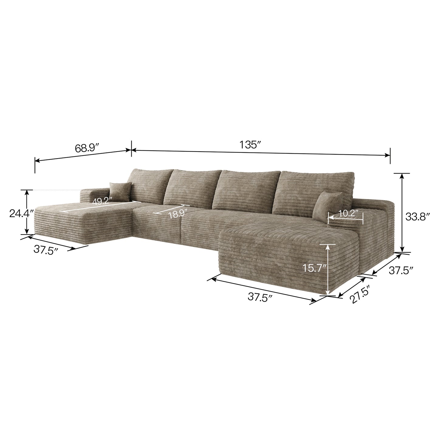 135" Cloud Sectional Sofa with 1 Ottoman,Modern Minimalist Upholstered Couches, Comfort U Shaped Sofa for Living Room,Deep Seat Corner Couch,No Assembly Required,Camel(Plush Corduroy Fabric) image 5
