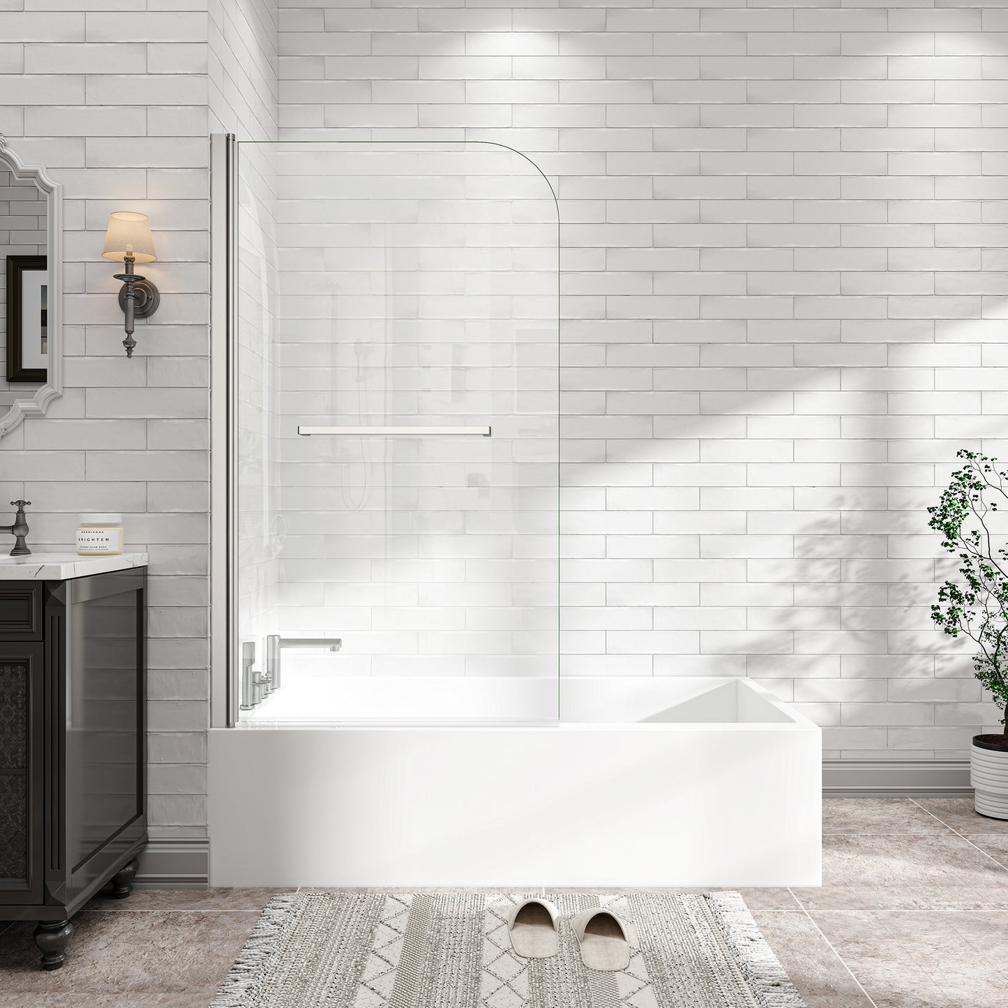 31"-32" W x 55" H Brushed Nickel Flexible 180° Pivot Shower Door Reversible Installation Frameless Bathtub Screen,1/4"(6MM) Tempered Glass With Nano Easy Cleaning And Stick Explosion-proof Membrance image 1