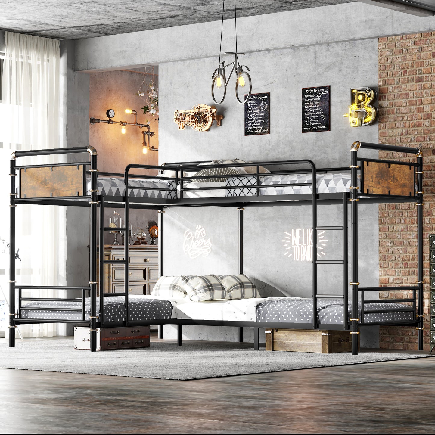 Quad Bunk Bed for 4 Kids, Heavy Duty Metal Twin Bunk Bed Frame, Detachable Triple Bunk Bed, Can Be Divided Into 3 Twin Beds, Black(Old SKU W2580S00020) image 3