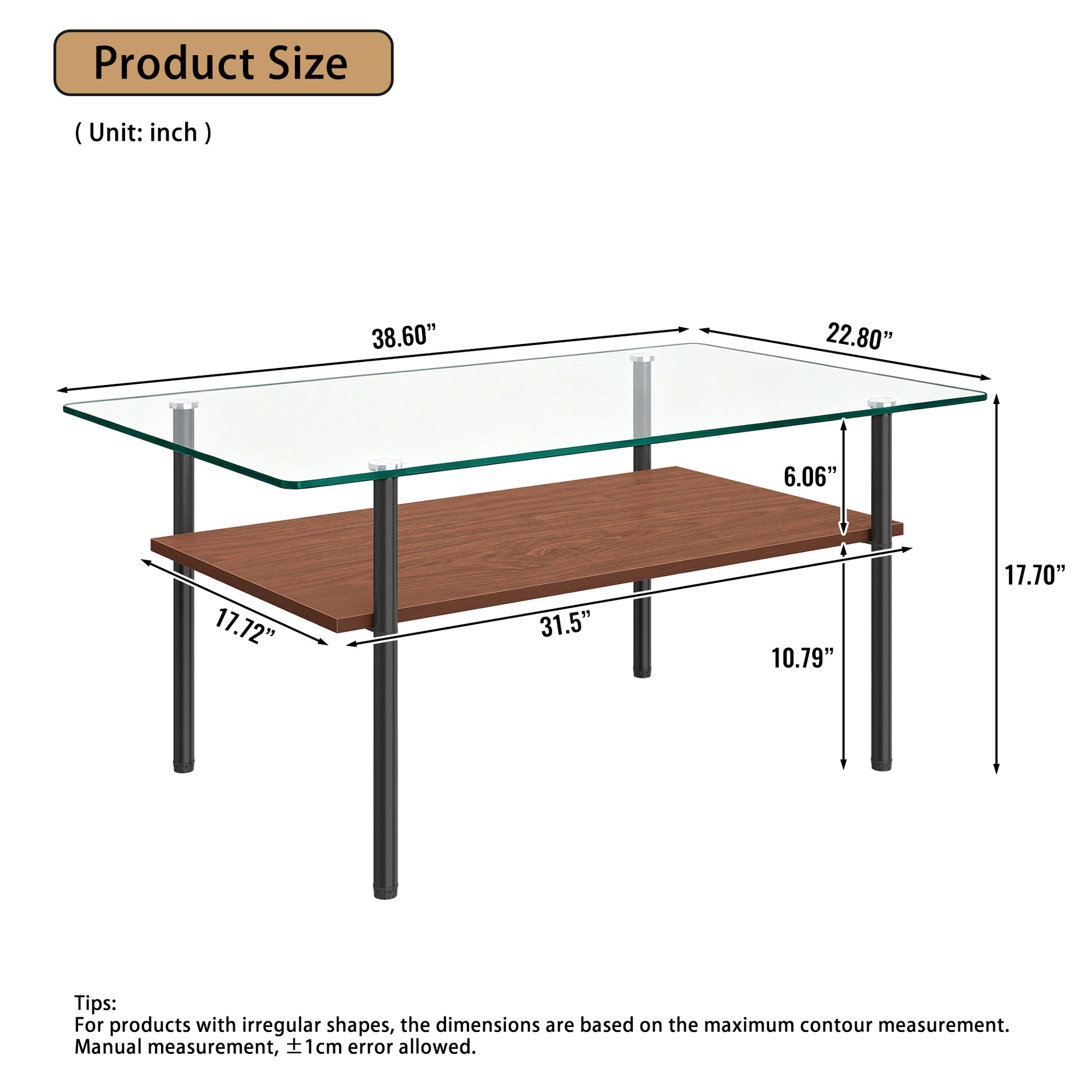 Modern glass coffee table for living room, rectangular tempered glass top, black metal legs with wooden shelf. Easy to clean, stylish center table 38.6 × 22.8 × 17.7 inches image 12
