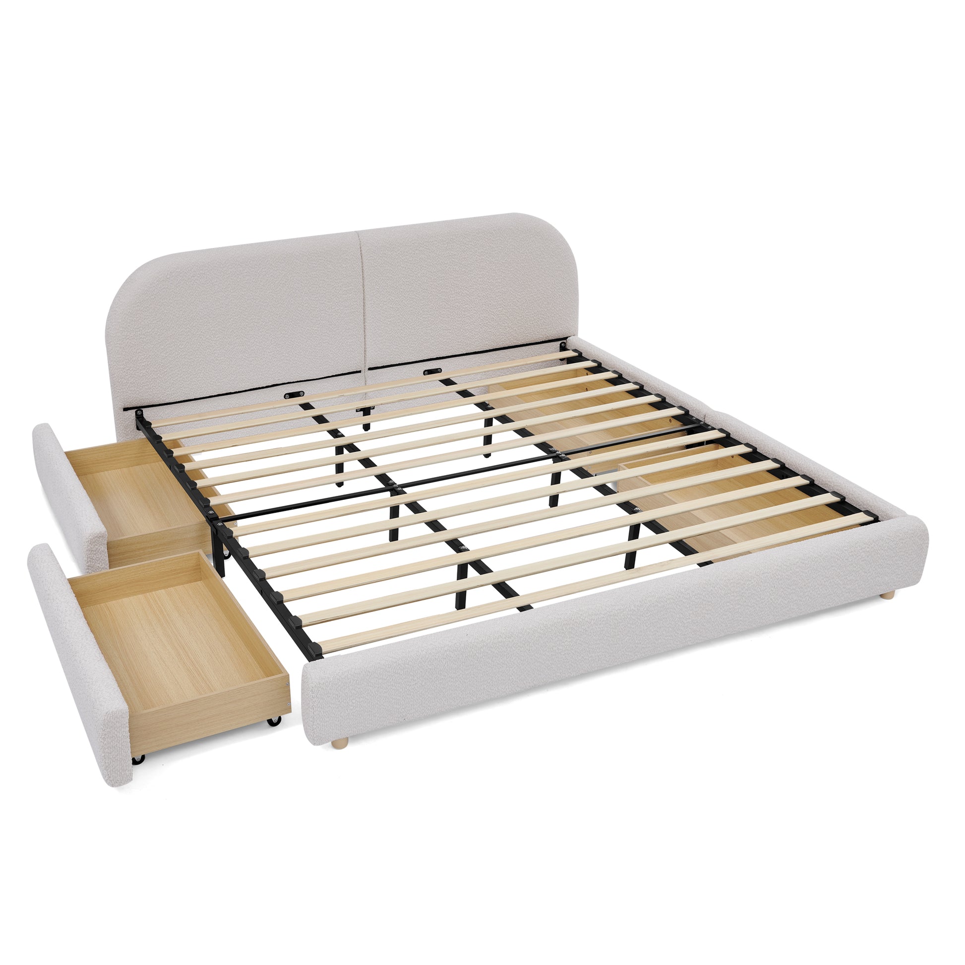 King Size Upholstered Bed Frame Modern Minimalist Style - Circle Yarn Fabric, Tall Curved Headboard, Sturdy Leg Support & Wheeled Drawer Storage, Mattress Not Included -Beige image 10