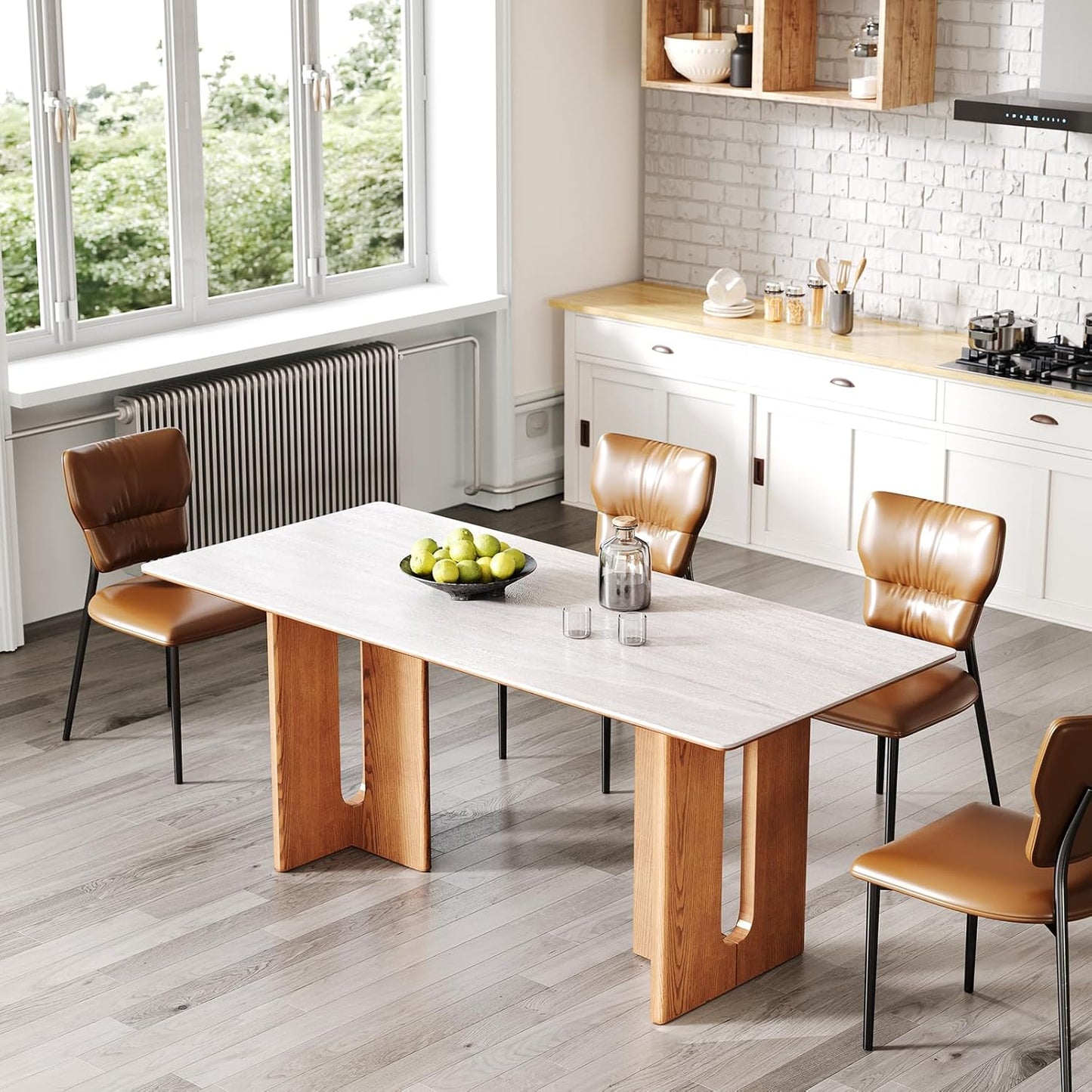 62.9-Inch Dining Table for 4–6 People, Rectangular Kitchen Table with Sintered Stone Top & Solid Wood Legs, Modern Dining Table for Kitchen, Dining Room & Living Room image 1