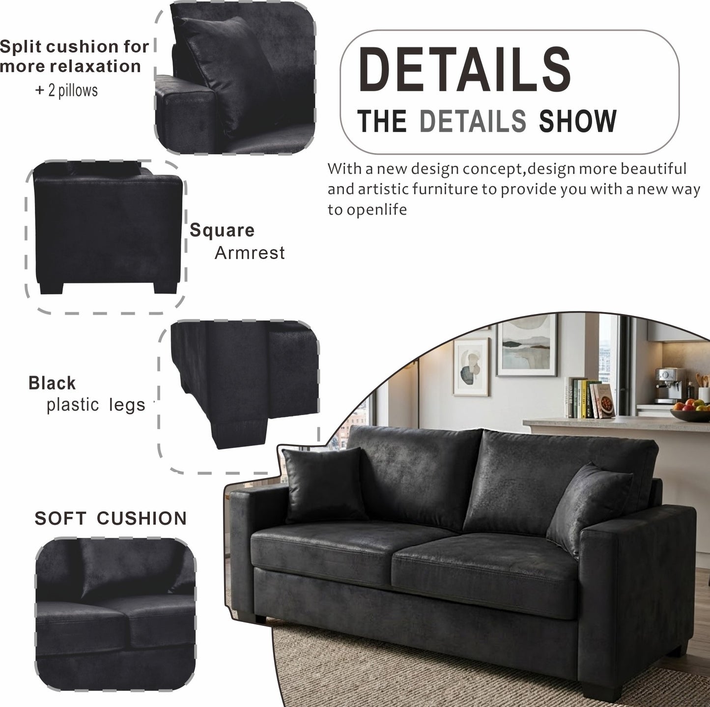 This 69-inch two-seater sofa features a Foil fabric and comes with two throw pillows, offering a comfortable seating experience suitable for any setting. image 3