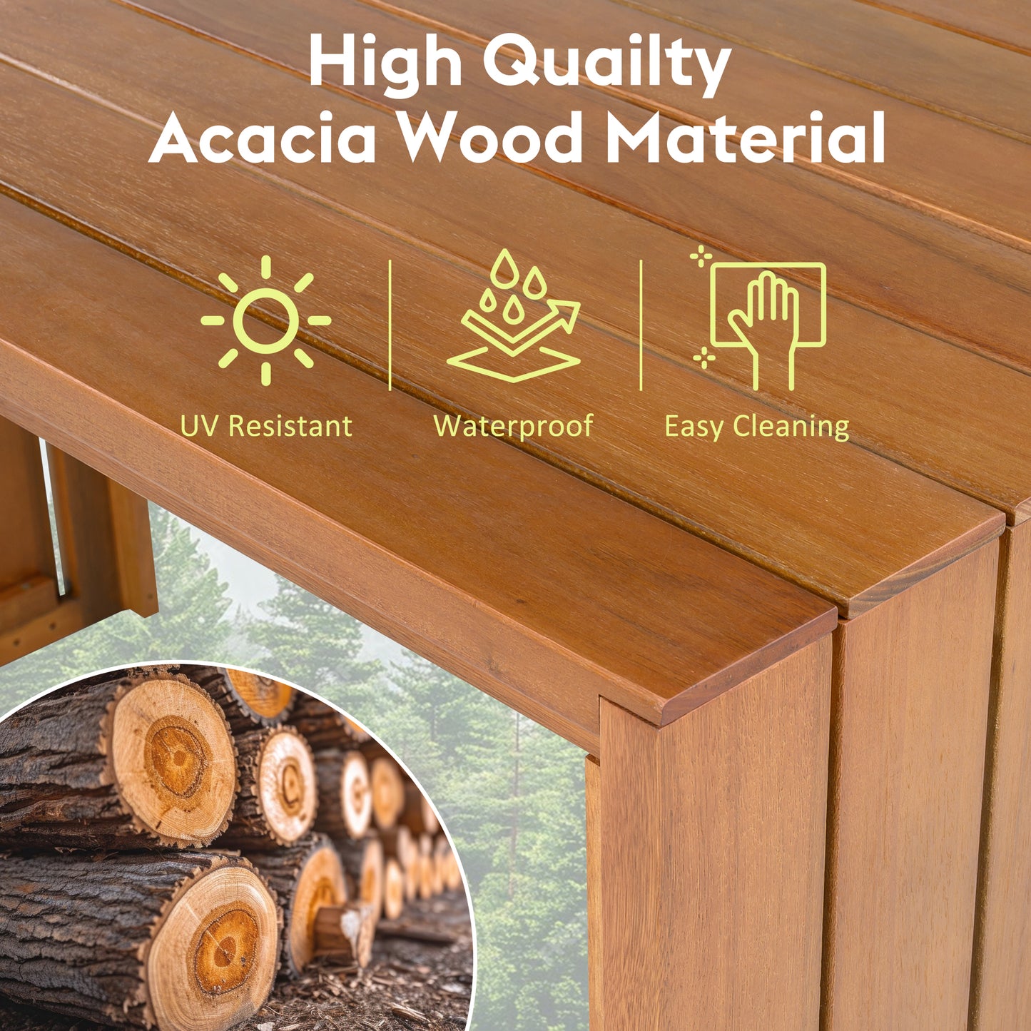 5 Piece Outdoor Bar Set, Patio Acacia Wood Bar Height Table & Four Stools with Cushions, Wood Dining Bar Set for Backyard, Poolside, Balcony, Beige Cushion and Natural Wood image 6