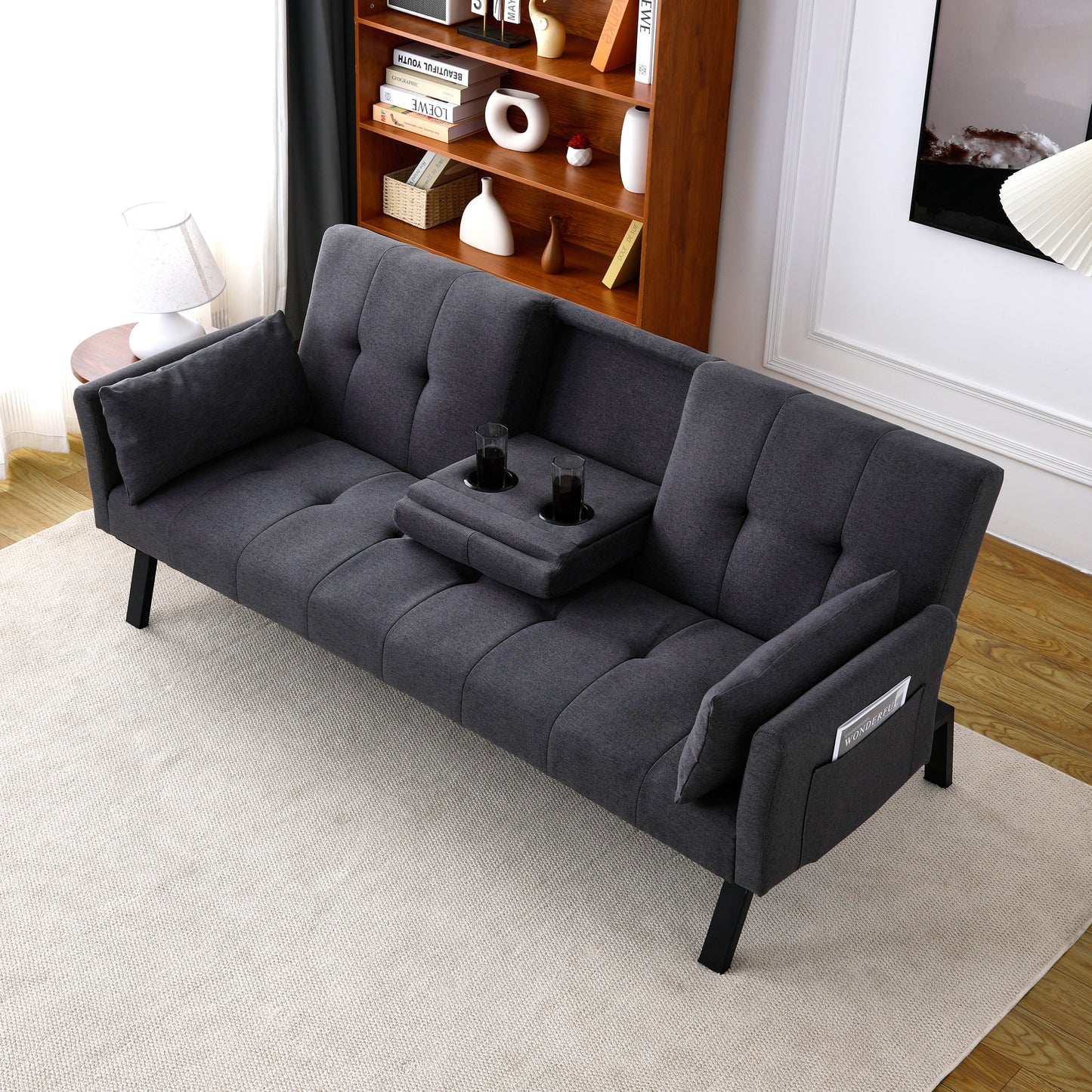 70-inch multi-functional cotton and linen sofa bed: foldable + cup holder + side storage, instantly switch between living room and bedroom image 1