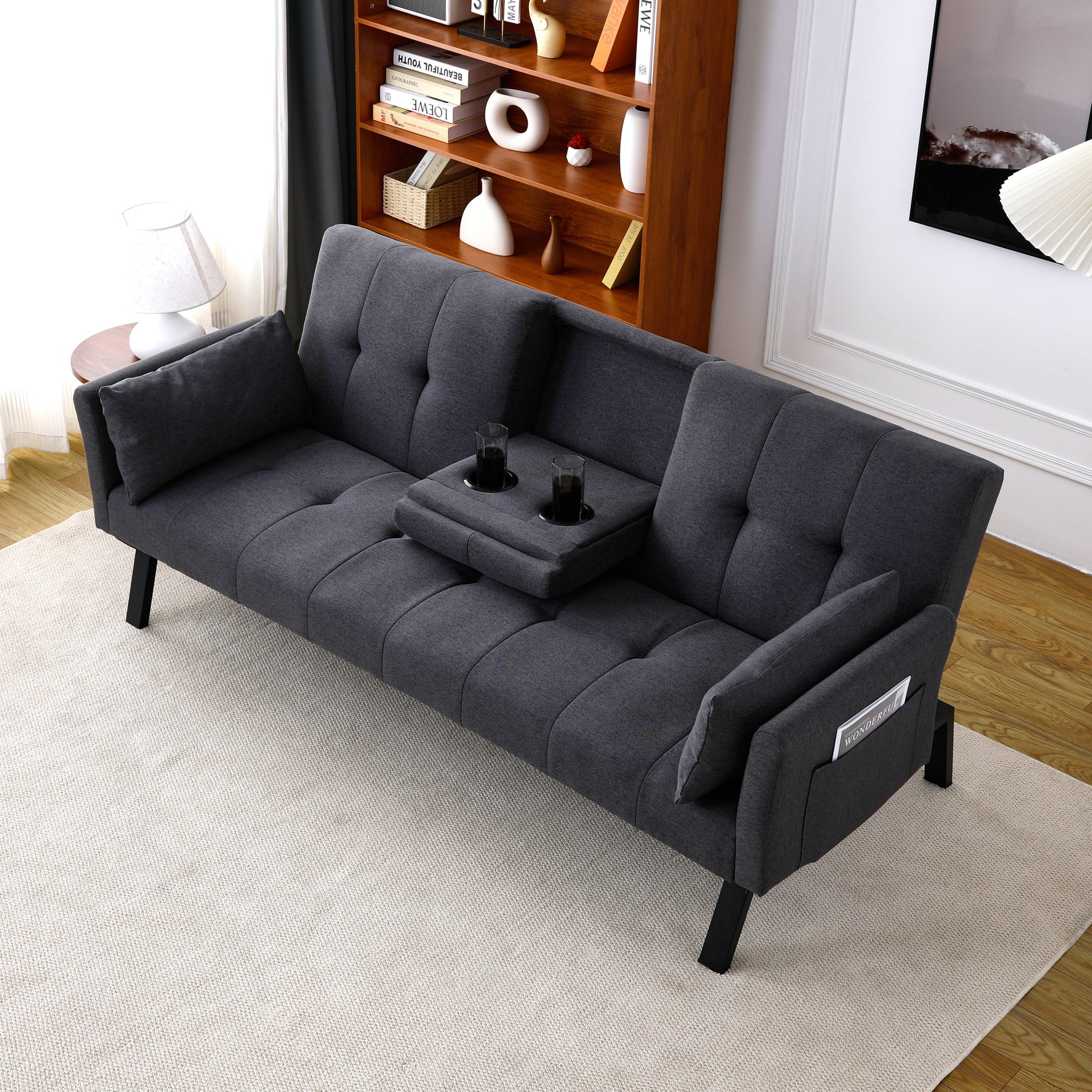 70-inch multi-functional cotton and linen sofa bed: foldable + cup holder + side storage, instantly switch between living room and bedroom image 1