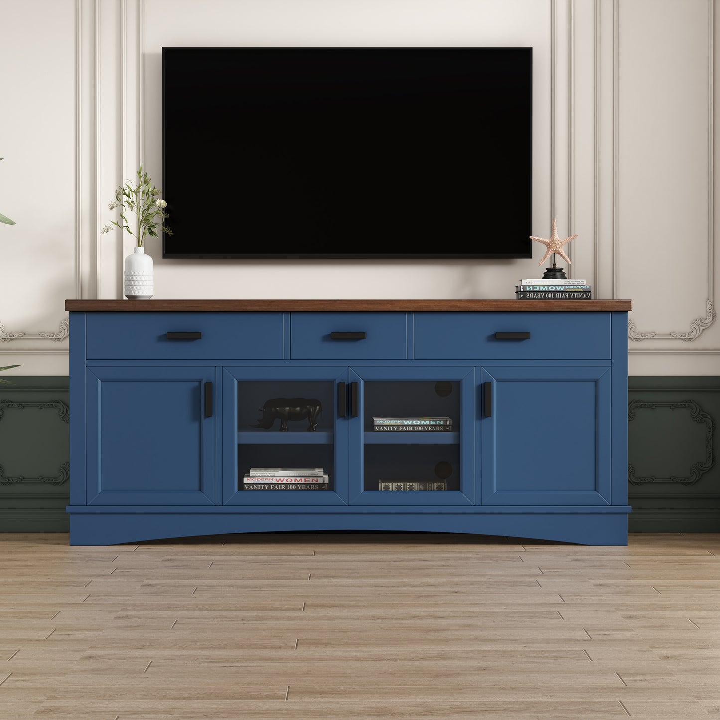 Modern Blue TV Console, 67" Width TV Stand, Glass Doors & Storage Drawers, Adjustable Shelves (Old SKU:N779P296233B) image 3