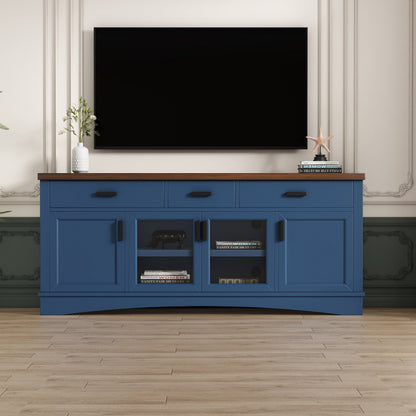 Modern Blue TV Console, 67" Width TV Stand, Glass Doors & Storage Drawers, Adjustable Shelves (Old SKU:N779P296233B) image 3