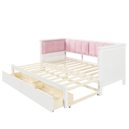 Twin XL to King Size Daybed with Two Storage Drawers and Upholstered Backrest, White+Pink image 12