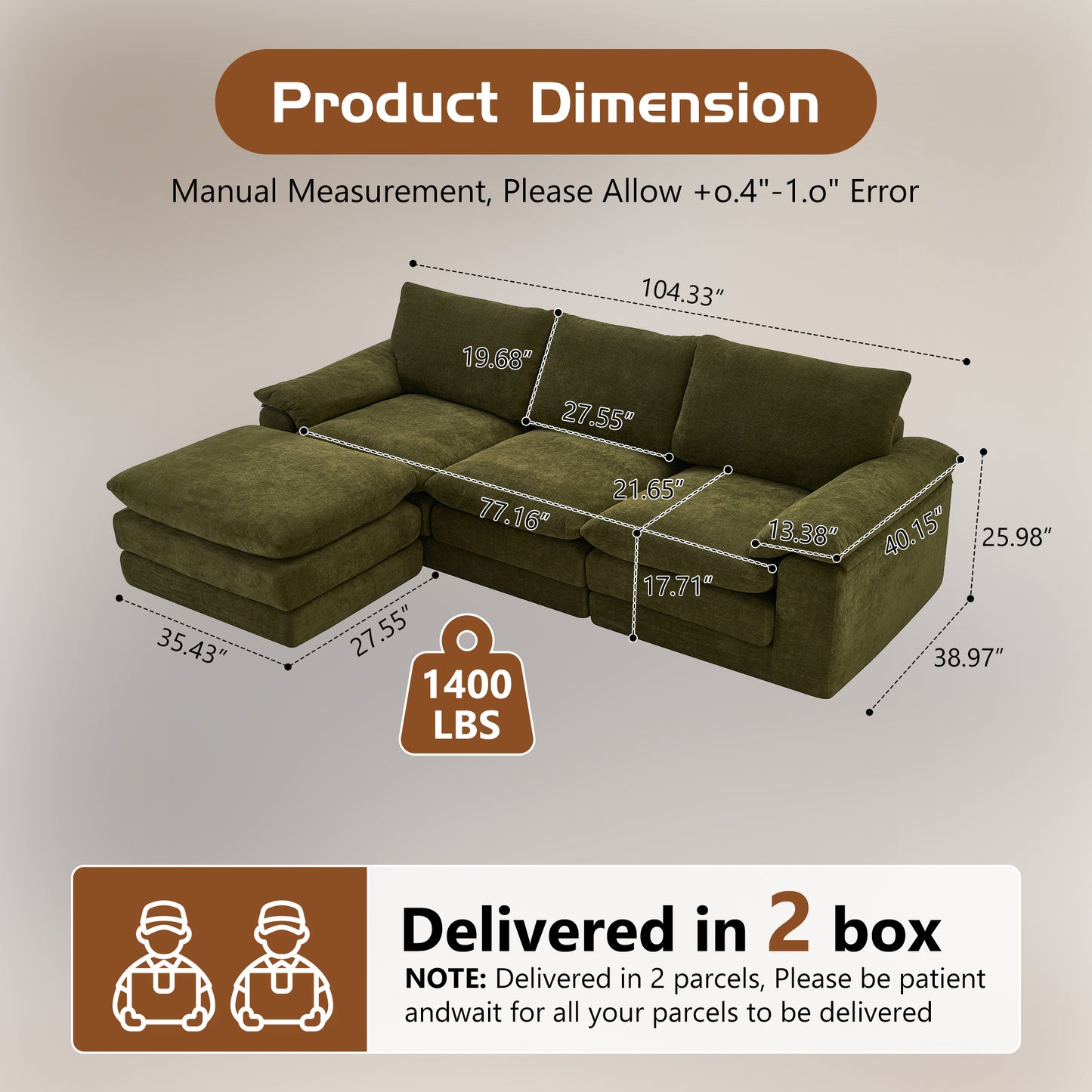Modular Sectional Sofa, L Shape Cloud Couch with 1 Movable Ottoman, Comfy Chenille Deep Seat Sofa with Soft Pillows for Living Room Apartment (Green) image 7