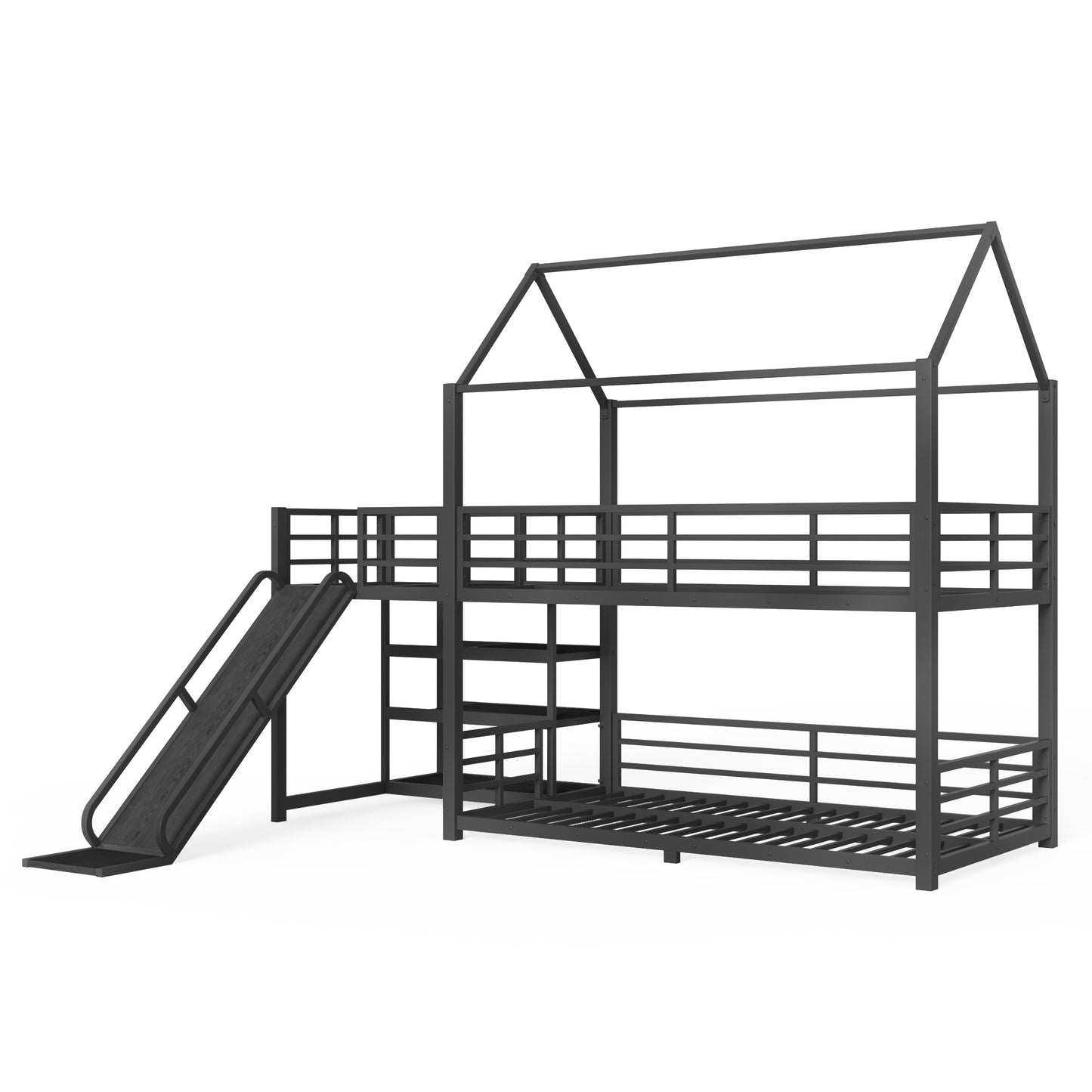 Twin metal House Bunk Bed with Storage Stairs, Slide, Safety Rails, Black image 8