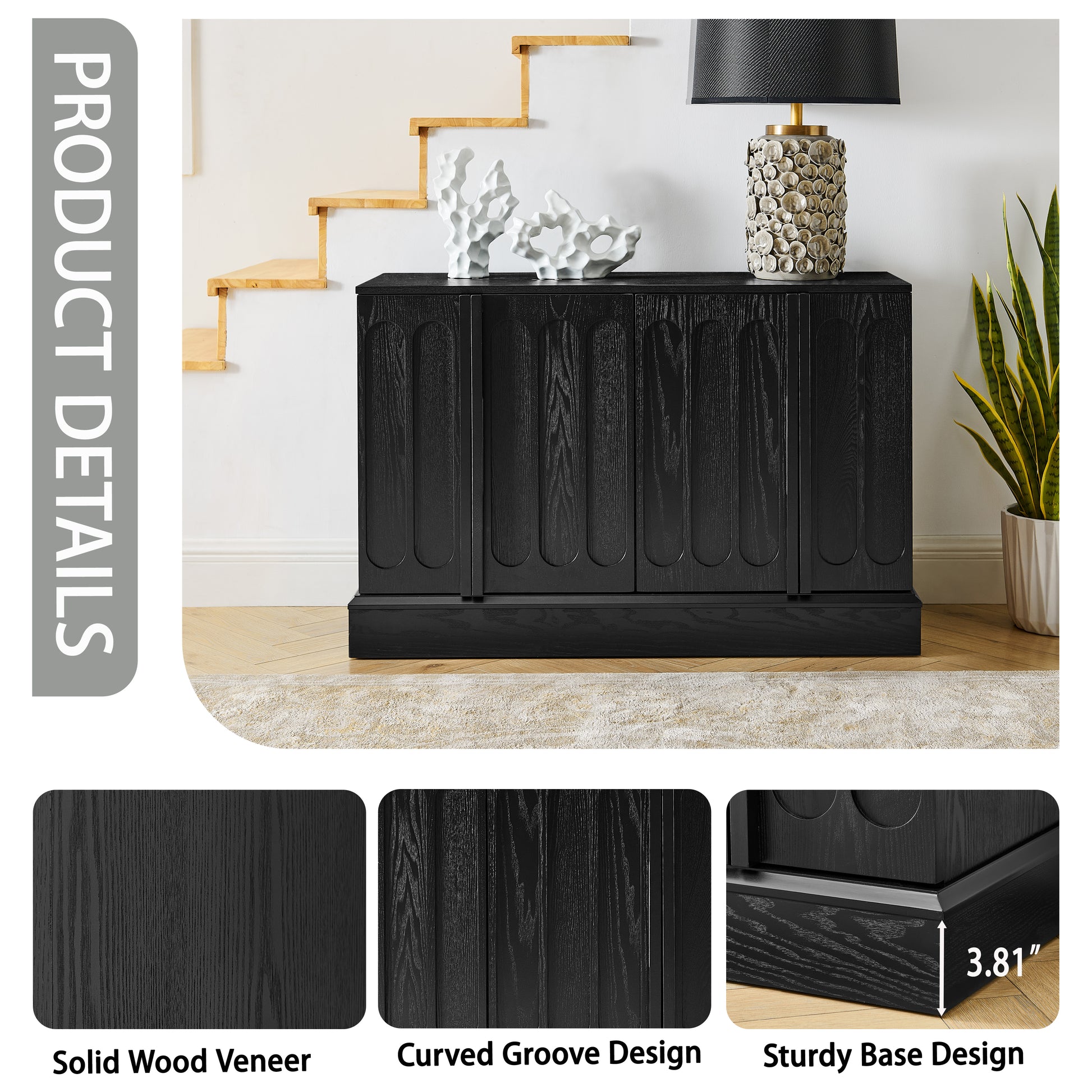 Mid Century Modern Fluted Sideboard Cabinet with Adjustable Shelves & Sturdy Base, Buffet Cabinet with Storage, Storage Cabinet for Living Room Entryway Hallway Dining Room Kitchen, Black image 4