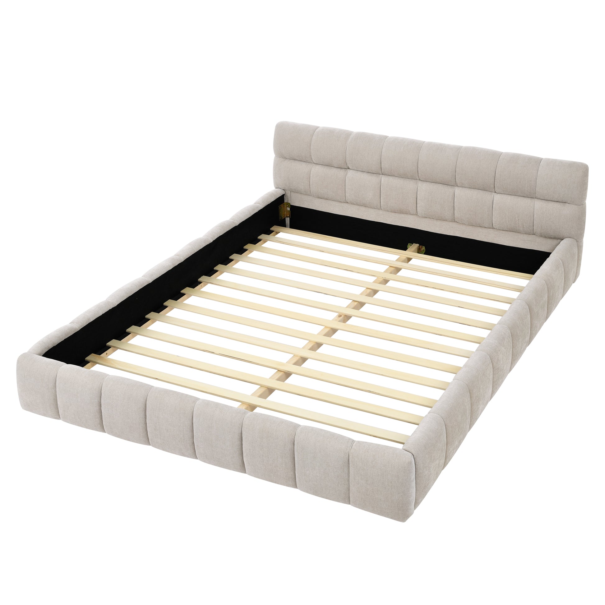 Queen Size Upholstered Bed Frame with Thick Fabric, Chenille Fabric Grounded Queen Size Platform Bed with Headboard and Solid Frame. No Box Spring Needed, Beige(68''*86.5''*23.5'') image 8