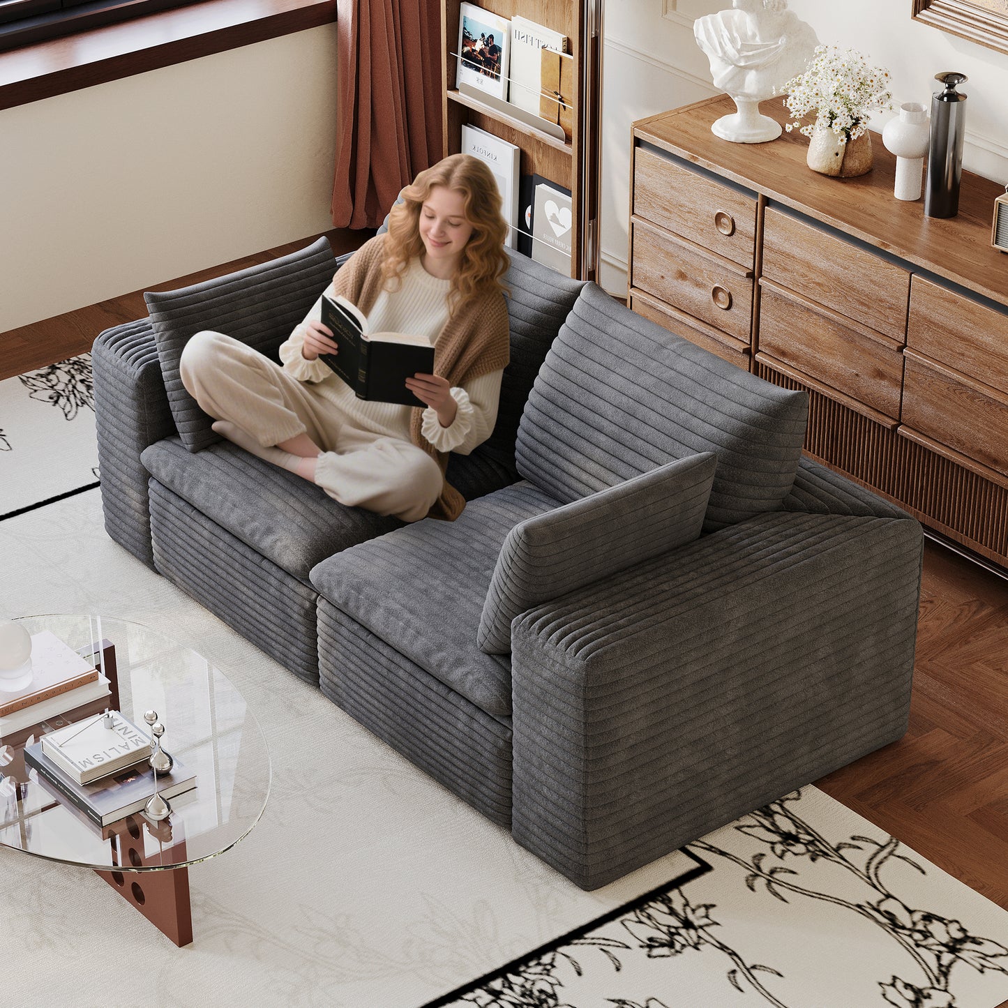 71" Cloud Sofa,Corduroy Fabric,Deep Seat Couches,Double-layer design,Removable Cushion,No Assembly, DIY Combination for Living room, Bedroom,Conference room,Apartment,Dark Grey image 2