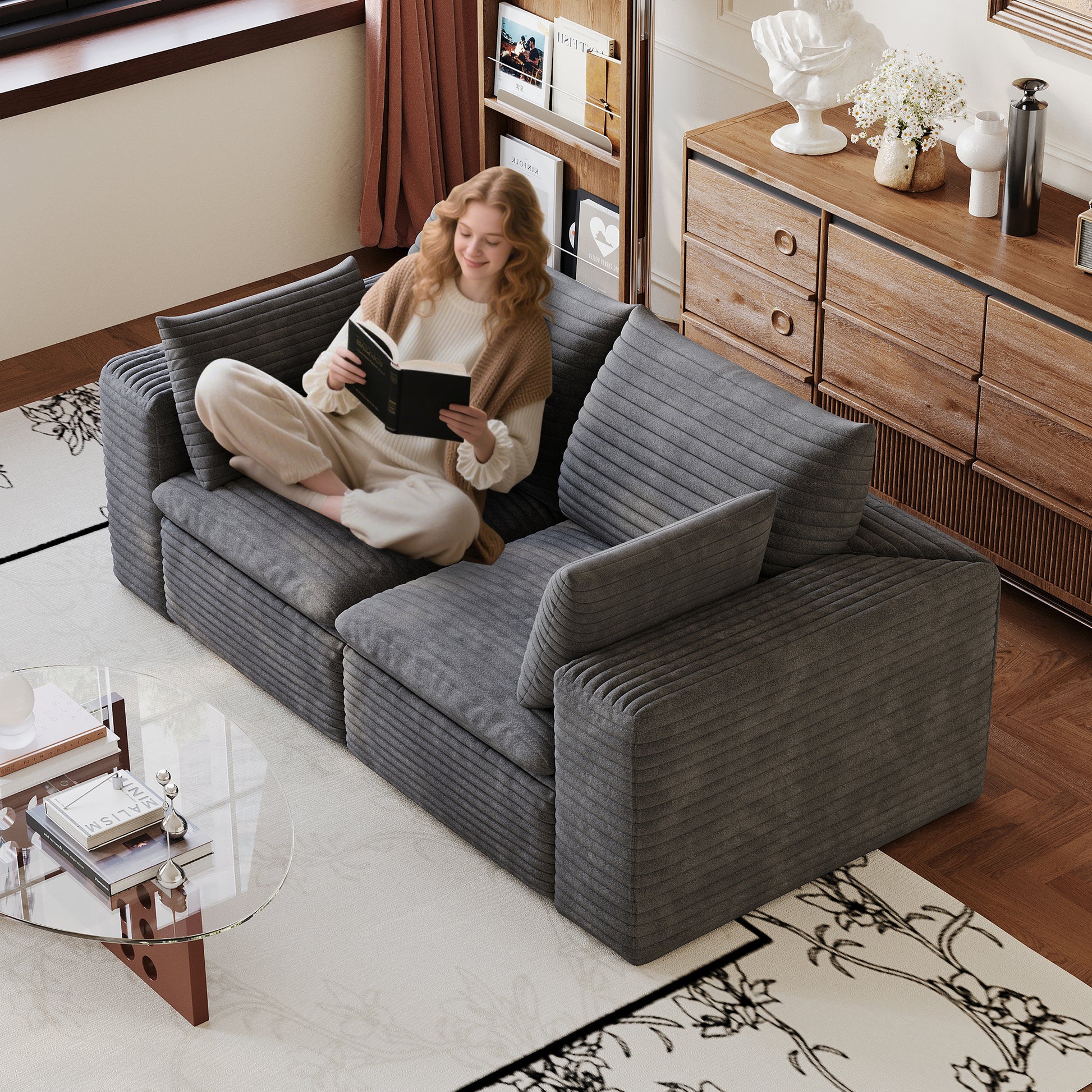 71" Cloud Sofa,Corduroy Fabric,Deep Seat Couches,Double-layer design,Removable Cushion,No Assembly, DIY Combination for Living room, Bedroom,Conference room,Apartment,Dark Grey image 2