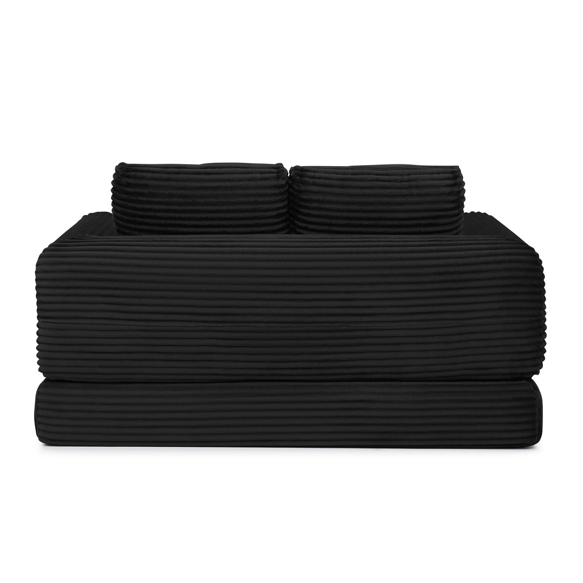 2-in-1 Folding Convertible Sofa Bed, Modern Corduroy Sleeper Couch with 2*pillows, Futon Modular Upholstered Boneless Loveseat with Pull-Out Bed,Folding Floor Modular Couch for Living Room Black image 10