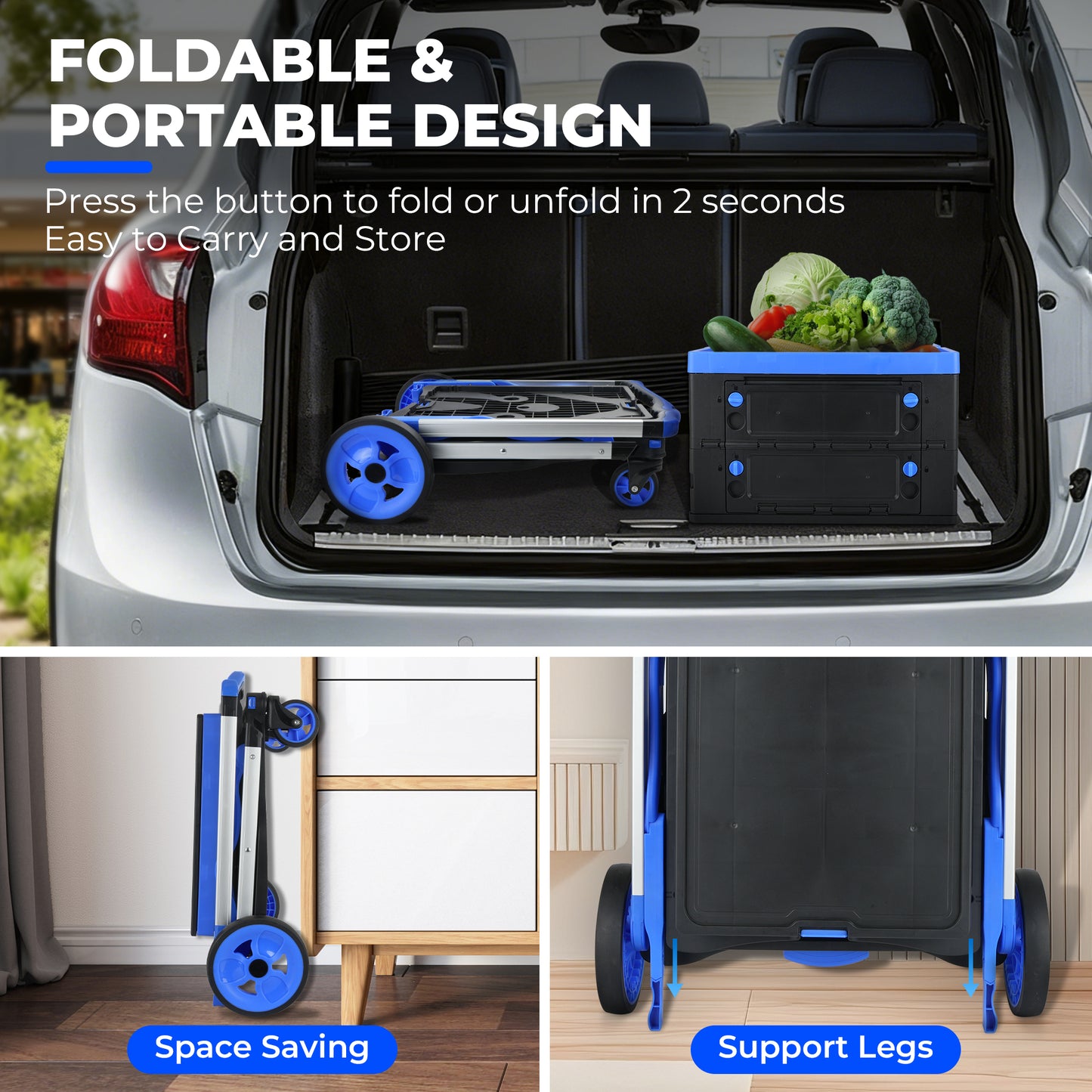 2-Tier Folding Cart Multi Use Functional Collapsible carts Shopping Trolley with Wheels Shopping Cart with Storage Crate Utility Cart for Groceries Warehouse Supermarket image 3