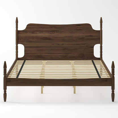 (ETA:6.4-NJ:120) King Size Platform Bed Frame, Spindle Bed with Curved Tall Headboard, No Box Spring Needed, Retro Four Poster Bed, Walnut image 7