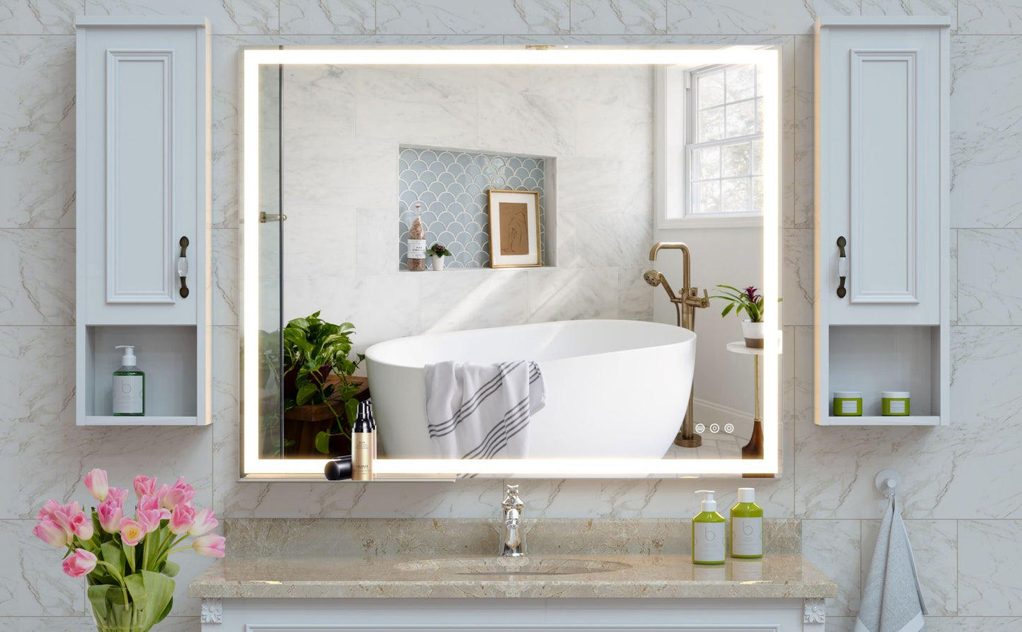 32x40 inch LED Bathroom Vanity Mirror Wall Mounted Adjustable White/Warm/Natural Lights Anti-Fog Touch Switch with Memor image 2