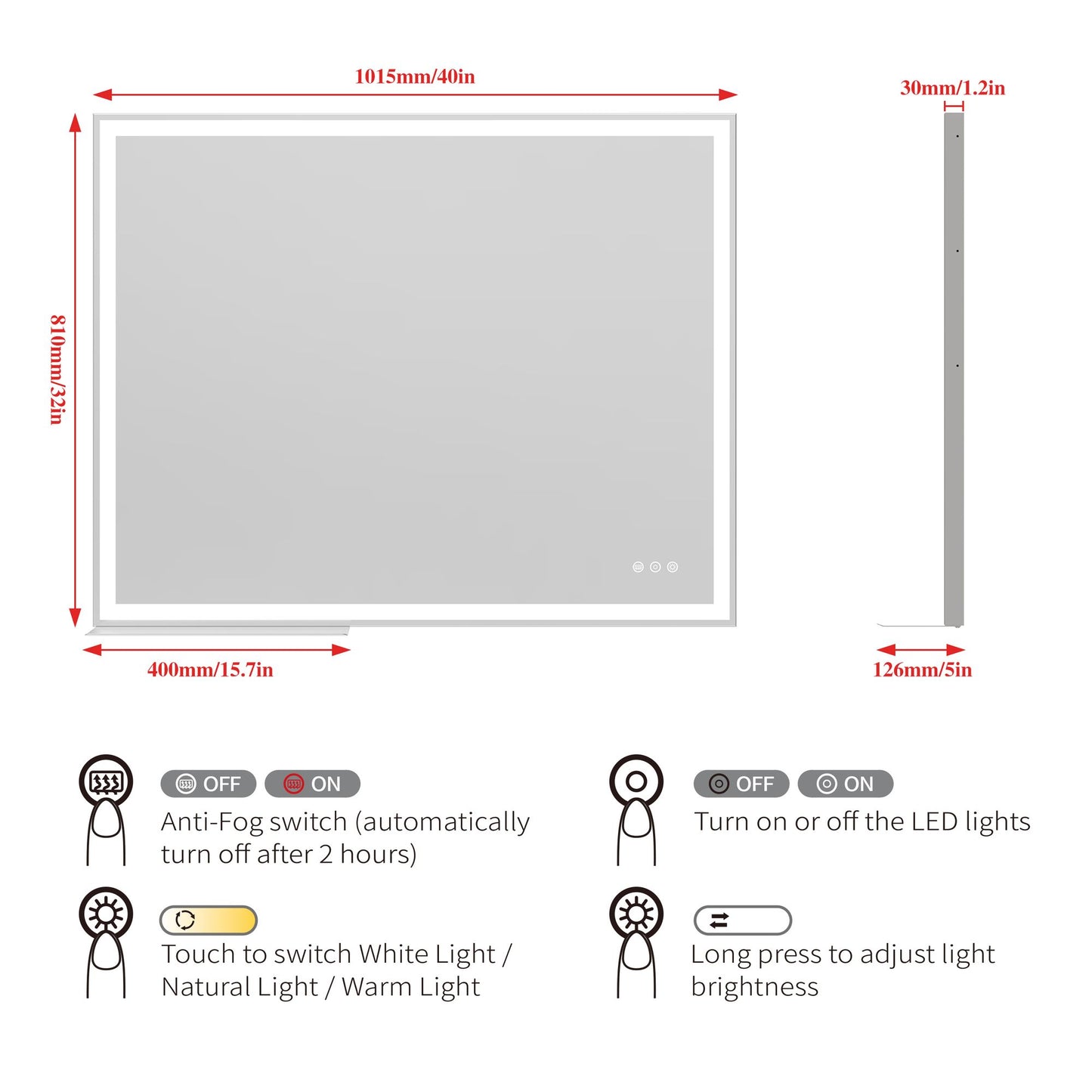 32x40 inch LED Bathroom Vanity Mirror Wall Mounted Adjustable White/Warm/Natural Lights Anti-Fog Touch Switch with Memor image 17
