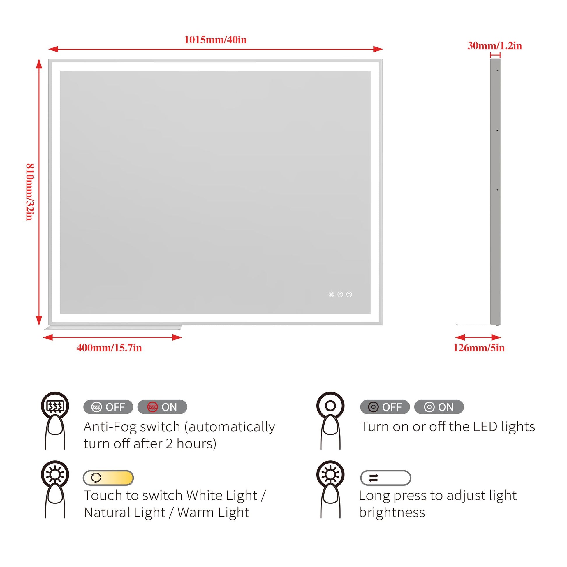 32x40 inch LED Bathroom Vanity Mirror Wall Mounted Adjustable White/Warm/Natural Lights Anti-Fog Touch Switch with Memor image 17