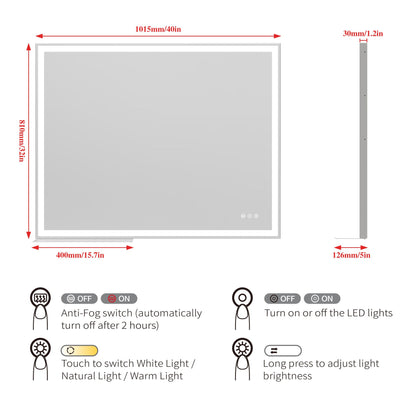 32x40 inch LED Bathroom Vanity Mirror Wall Mounted Adjustable White/Warm/Natural Lights Anti-Fog Touch Switch with Memor image 17