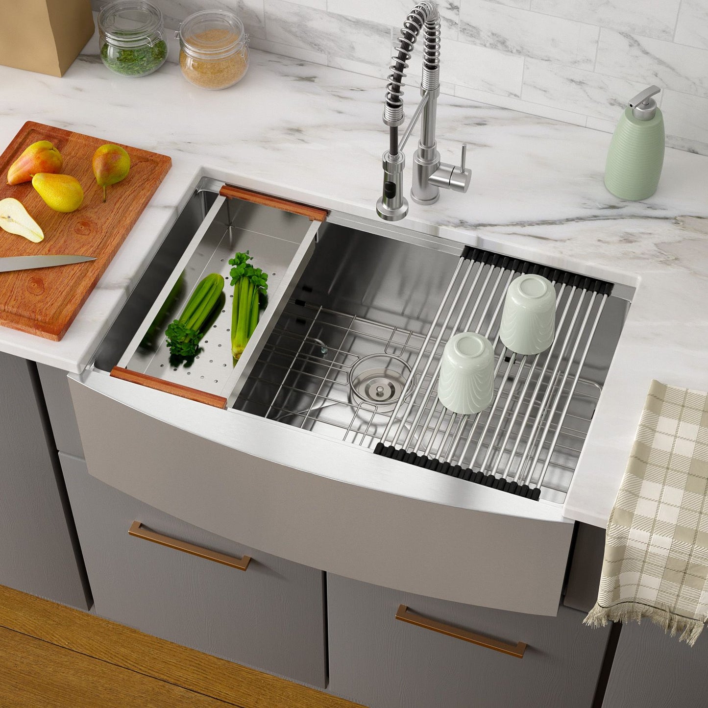 33 in.* 22 in. *10 in. Under-mount Single Bowl T-304 Stainless Steel Ledge Workstation Apron Front Farmhouse Kitchen Sin image 2