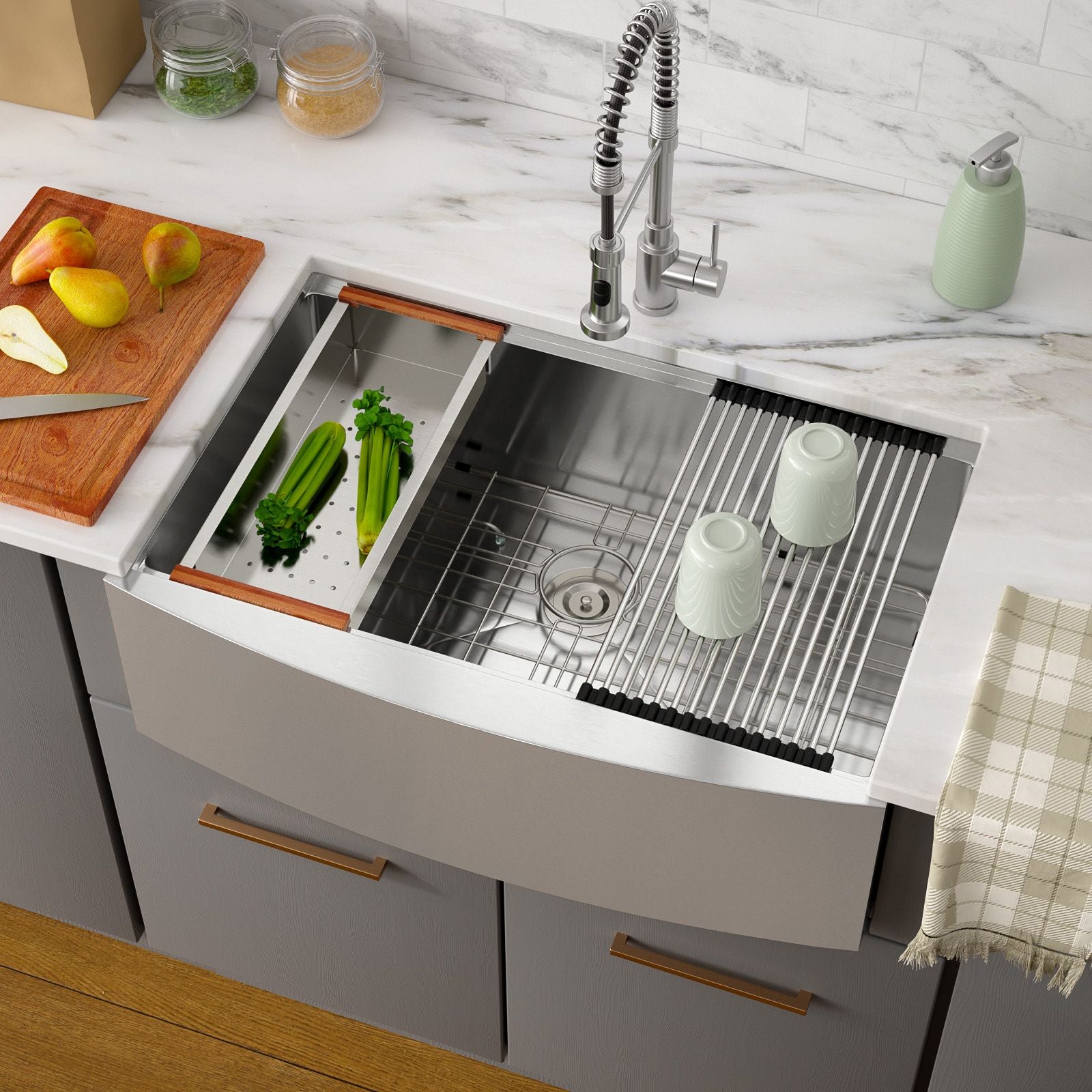33 in.* 22 in. *10 in. Under-mount Single Bowl T-304 Stainless Steel Ledge Workstation Apron Front Farmhouse Kitchen Sin image 2