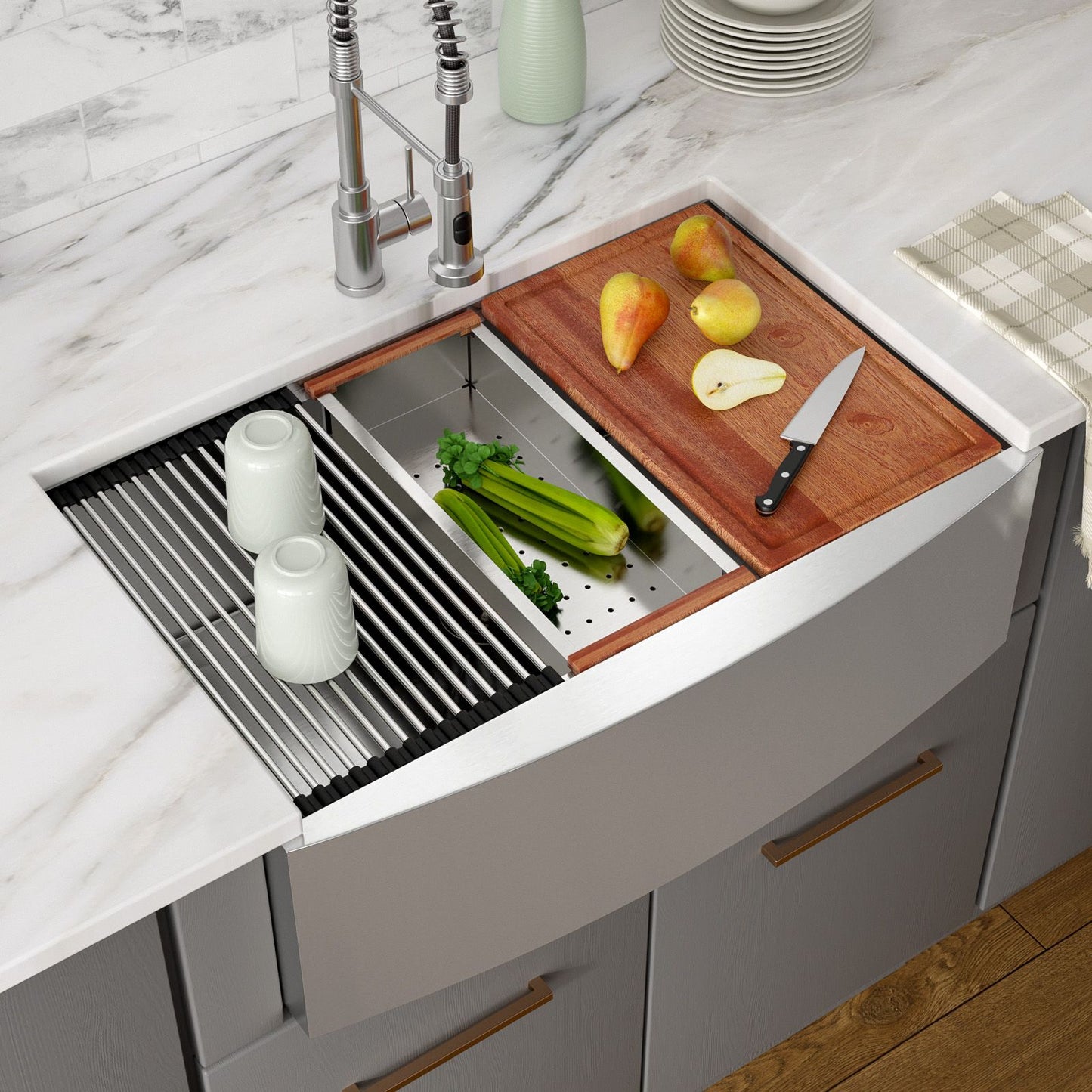 33 in.* 22 in. *10 in. Under-mount Single Bowl T-304 Stainless Steel Ledge Workstation Apron Front Farmhouse Kitchen Sin image 1