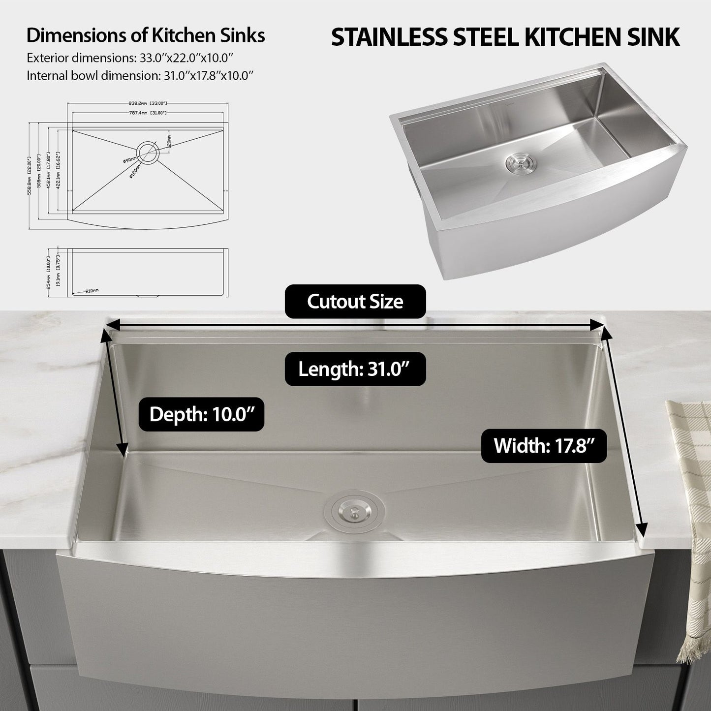 33 in.* 22 in. *10 in. Under-mount Single Bowl T-304 Stainless Steel Ledge Workstation Apron Front Farmhouse Kitchen Sin image 7