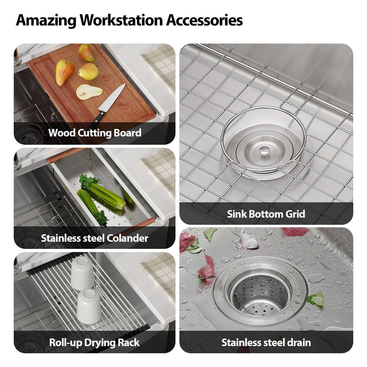 33 in.* 22 in. *10 in. Under-mount Single Bowl T-304 Stainless Steel Ledge Workstation Apron Front Farmhouse Kitchen Sin image 4