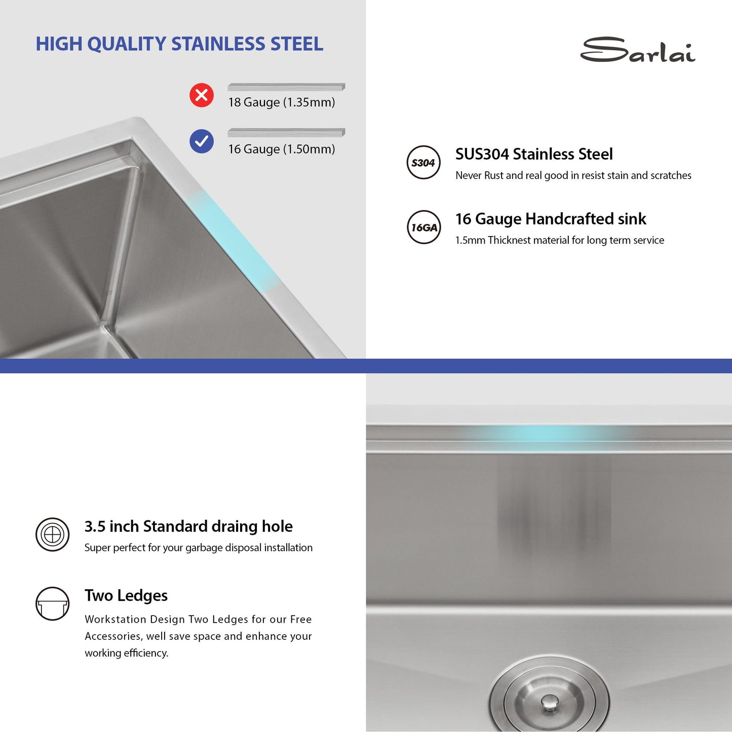 33-inch 16-Gauge/36-inch 18-Gauge Undermount 304 Stainless Steel Single Bowl Ledge Workstation Apron Front Farmhouse Kit image 8
