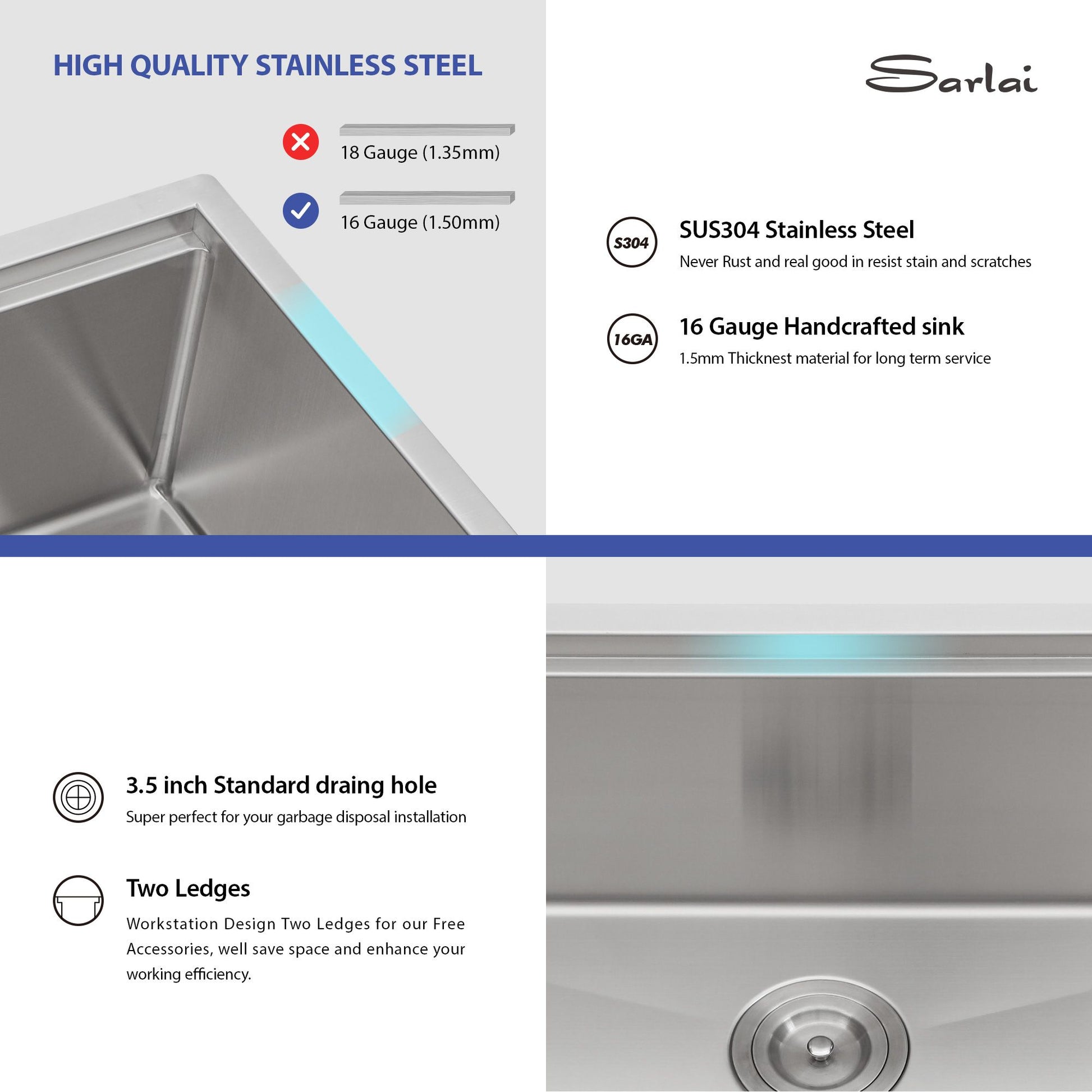 33-inch 16-Gauge/36-inch 18-Gauge Undermount 304 Stainless Steel Single Bowl Ledge Workstation Apron Front Farmhouse Kit image 8