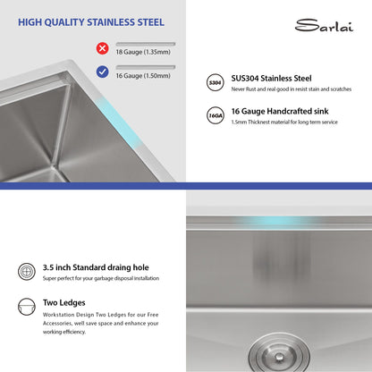 33-inch 16-Gauge/36-inch 18-Gauge Undermount 304 Stainless Steel Single Bowl Ledge Workstation Apron Front Farmhouse Kit image 8