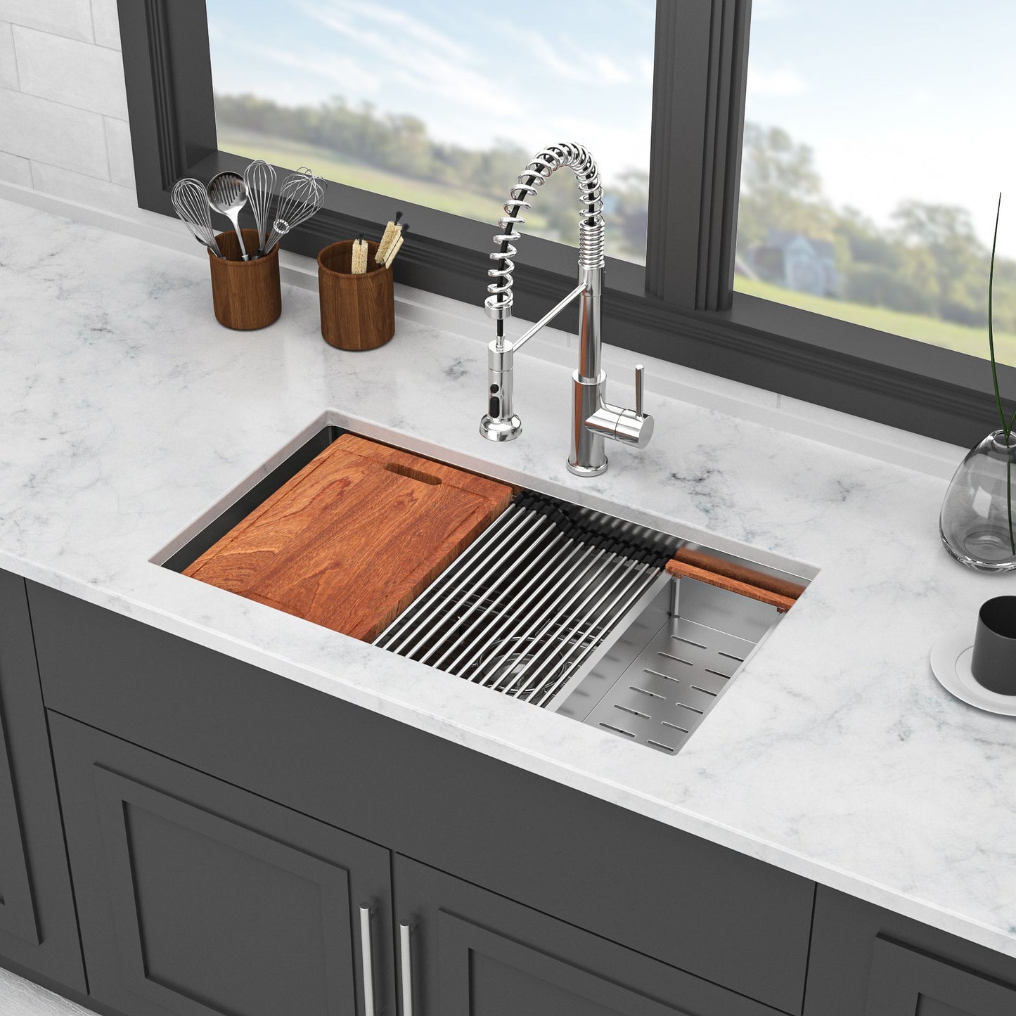 33-inch Undermount Single Bowl Stainless Steel Workstation Kitchen Sink Built-in Z-shape Ledge image 2